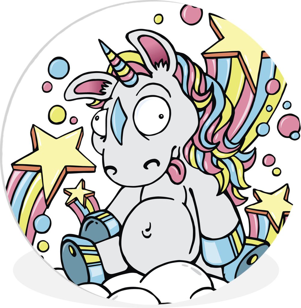 MuchoWow Rundes Wandbild - Runde Bilder Eine Illustration eines weißen Einhorns auf einer Wolke - Mädchen - Kinder - Kinder Ø 30 cm Kreis Wand...