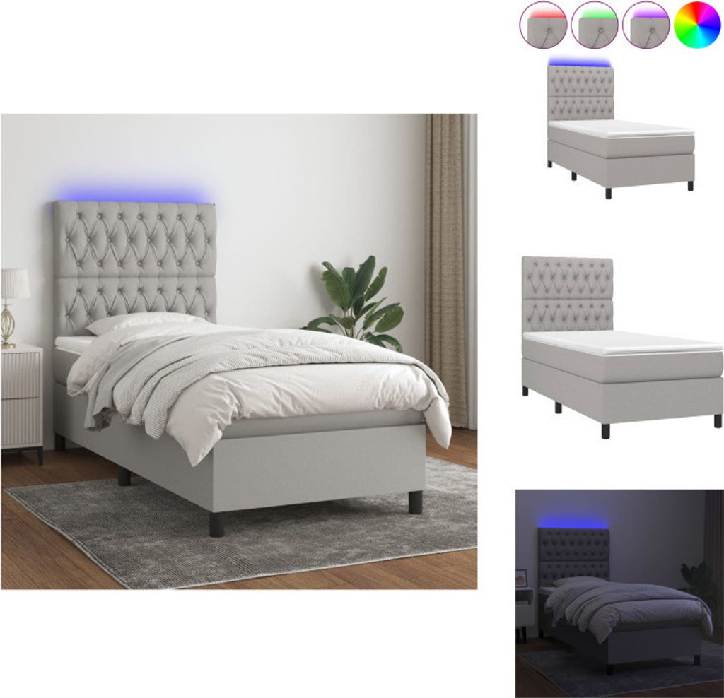 vidaXL Boxspringbett mit Matratze & LED Hellgrau 100x200 cm Stoff - Betten & Bettgestelle