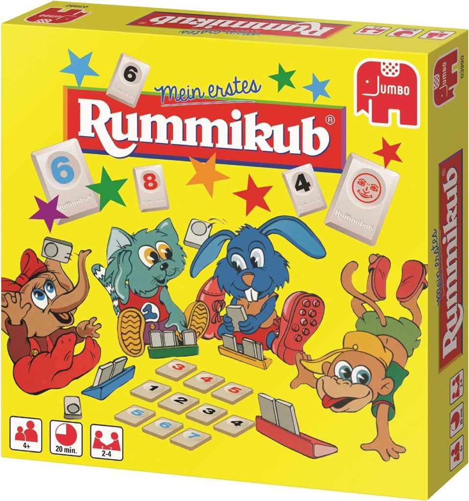 The image shows the front of a Rummikub Junior board game box, featuring cartoon animals playing the game.