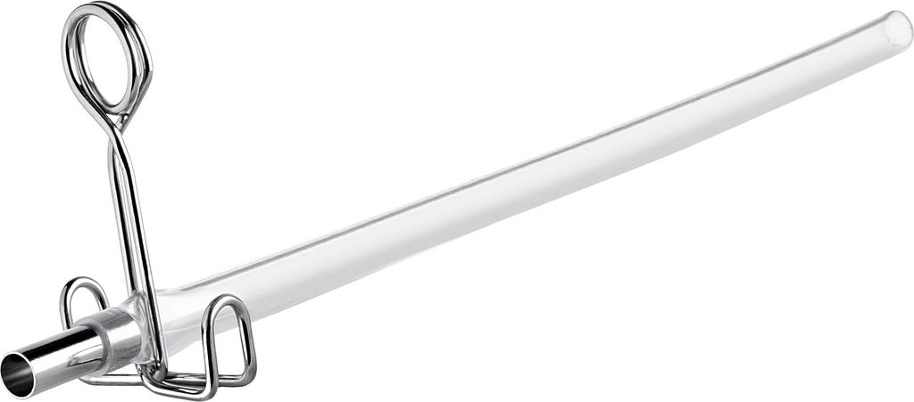 A close-up, studio shot of a clear, plastic tube attached to a silver metal fitting, isolated on a white background.