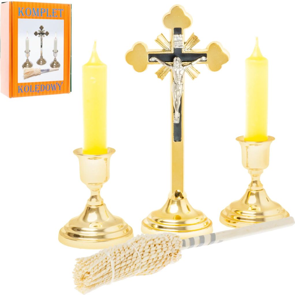 Goldenes Weihnachtslieder-Set, traditionelles Kreuz, Kerzenleuchter und Sprinkler, 19 cm