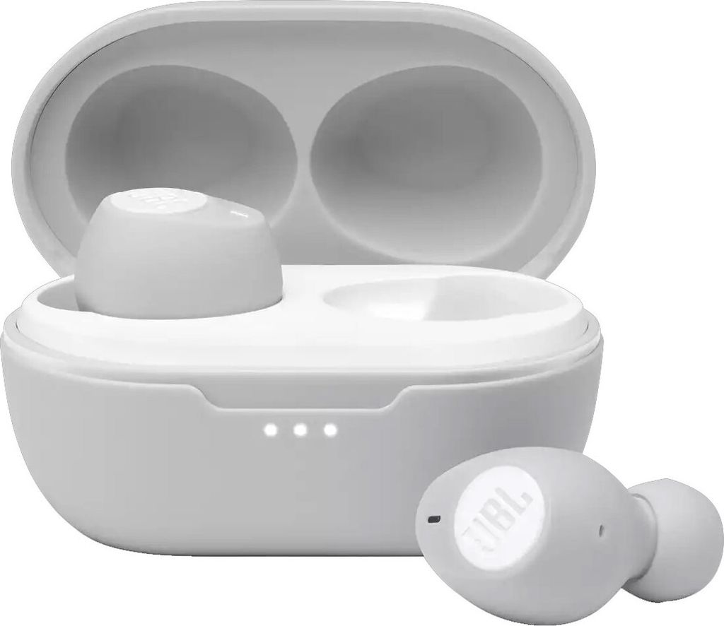 A pair of white JBL TUNE 115TWS true wireless stereo earbuds in their charging case.
