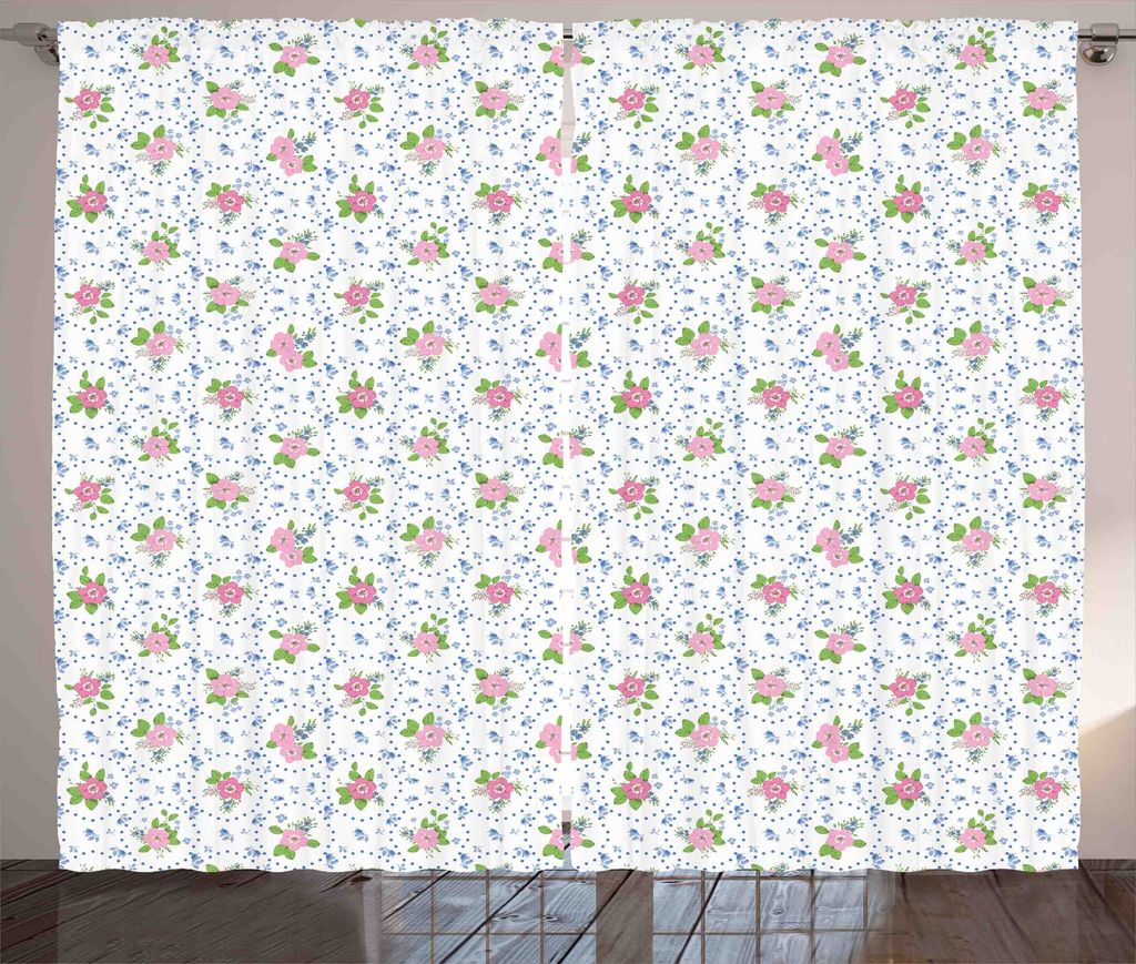 ABAKUHAUS Blumen Rustikaler Gardine, Natur Romantik Klassisch, Schlafzimmer Kräuselband Vorhang mit Schlaufen und Haken, 280 x 225 cm, Rosa und Blau