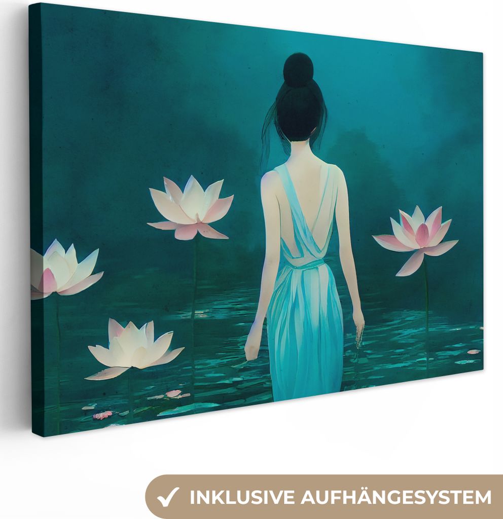 OneMillionCanvasses - Leinwandbilder - 150x100 cm, Frau - Porträt - Wasser - Blumen - Lilie, Wandbilder Kunstdruck Wanddekoration - Foto auf Lei...