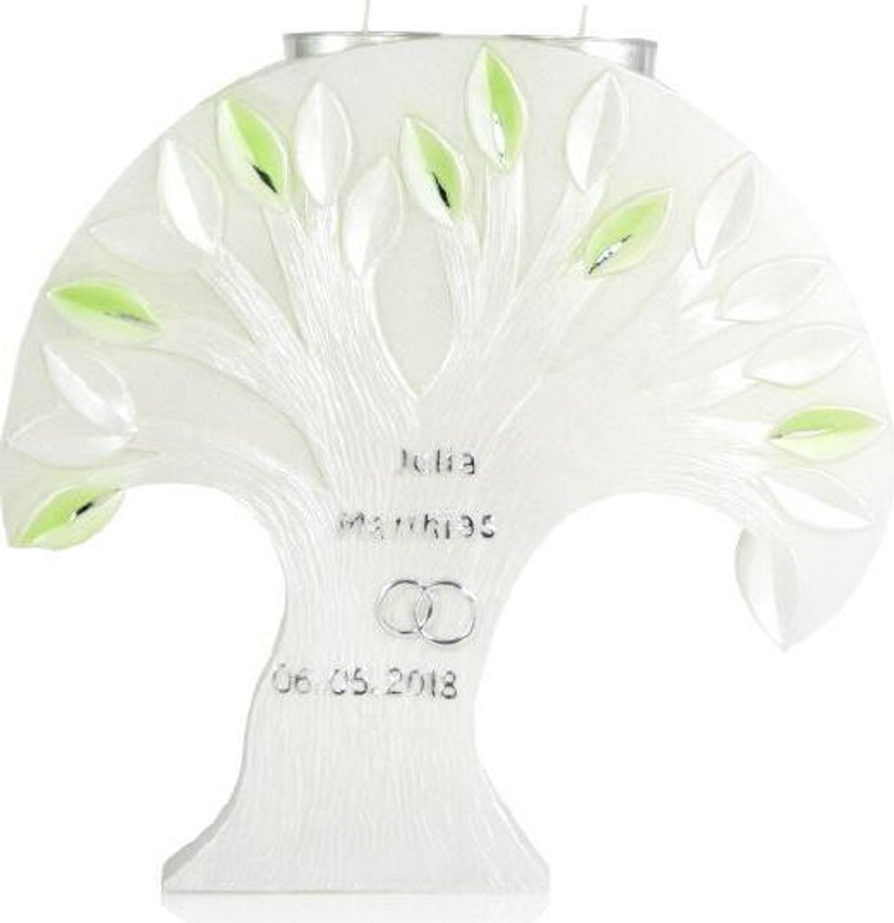Hochzeitskerze Lebensbaum mit Teelichteinsatz und Perlmutt Oberfläche in Weiß mit Namensverzierung mit hochwertigen Wachsbuchstaben