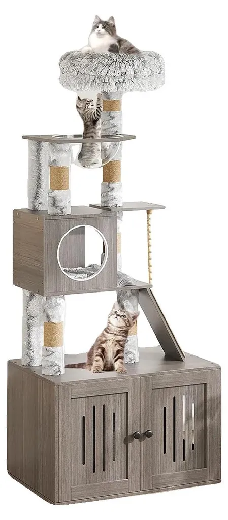 Arbre à chat à étages et armoire de litière intégrée en bois robuste