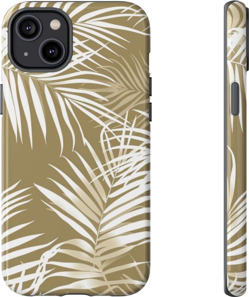 Weiße Palmenblätter auf khakifarbenem Hintergrund – Hülle Kompatibel mit iPhone 14 Plus