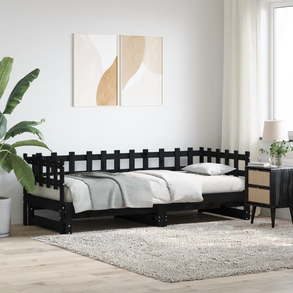 "Rabatt" Tagesbett Ausziehbar - 2-in-1-Tagesbett - Schwarz 2x(90x190) cm Massivholz Kiefer - Klassische Betten CC23105