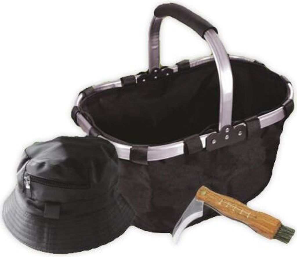 A set of items for mushroom picking, including a basket, a hat, and a knife with a brush.