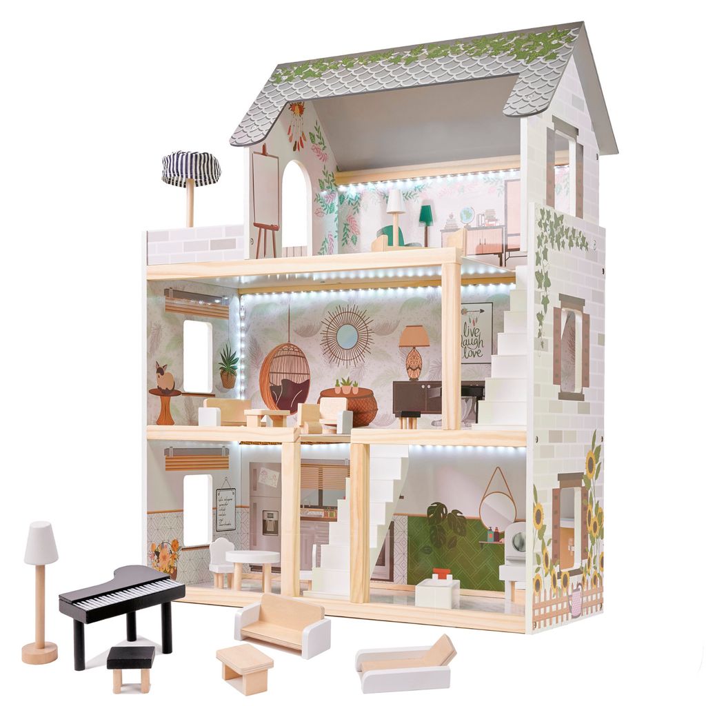 Großes Puppenhaus A89 Puppenstube Set aus Holz mit Einrichtung Möbel und LED XXL 