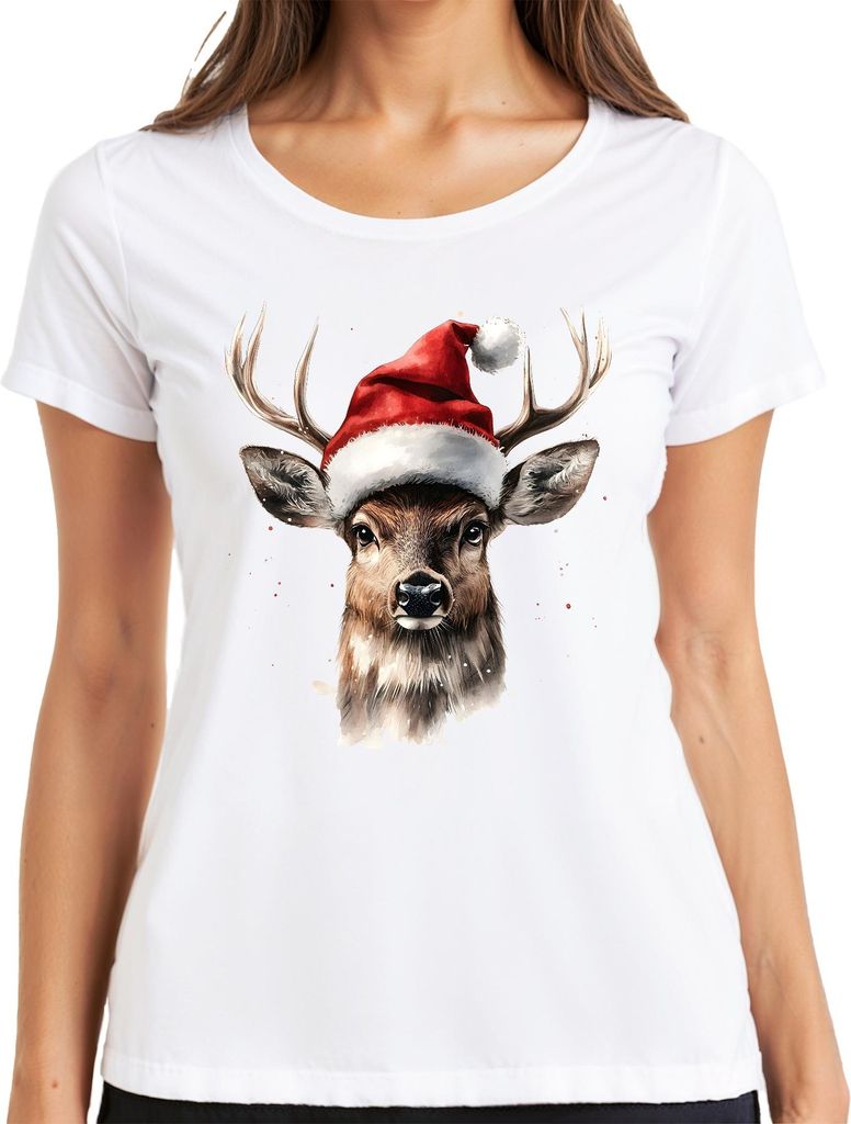 Weihnachtsrentier Geweih Santa Hut Aquarell Weihnachten Geschenk Damen T-Shirt, Weiß, XXL