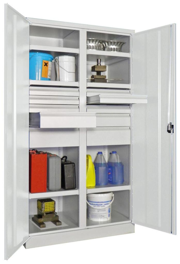 PAVOY Schwerlastschrank m.TürenB1040xT630xH1950 mm 6 FB,SL 6x75,2x125,175mm RAL 7035 Mittelwand