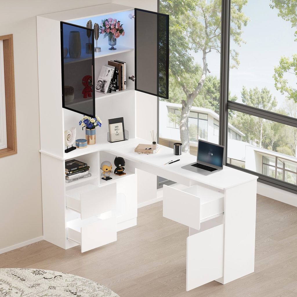 MODFU Eckschreibtisch mit Vitrinenschrank und Produktbild 