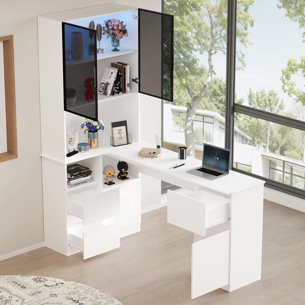 Bureau informatique d'angle blanc avec bibliothèque LED et tiroirs - 2
