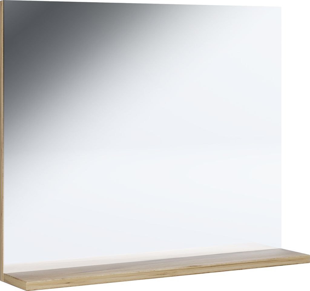 A frameless mirror with a wooden shelf attached to the bottom, shown against a white background.