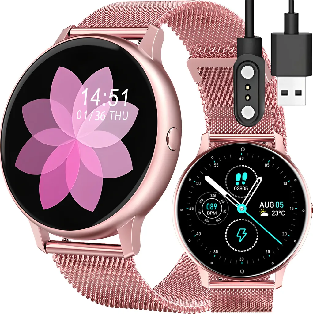 Montre Connectée Sport Retoo 45mm avec Bracelet en Acier Rose pour Femme