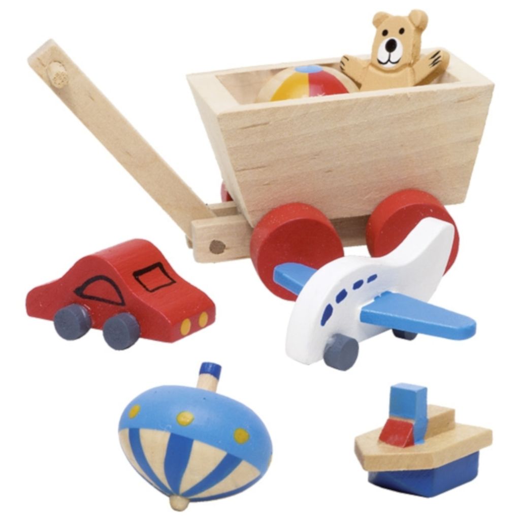 goki 51938 Puppenhaus-Kinderzimmerzubehör, Bollerwagen ca. 10 cm lang, mehrfarbig, 7-teilig (1 Set)