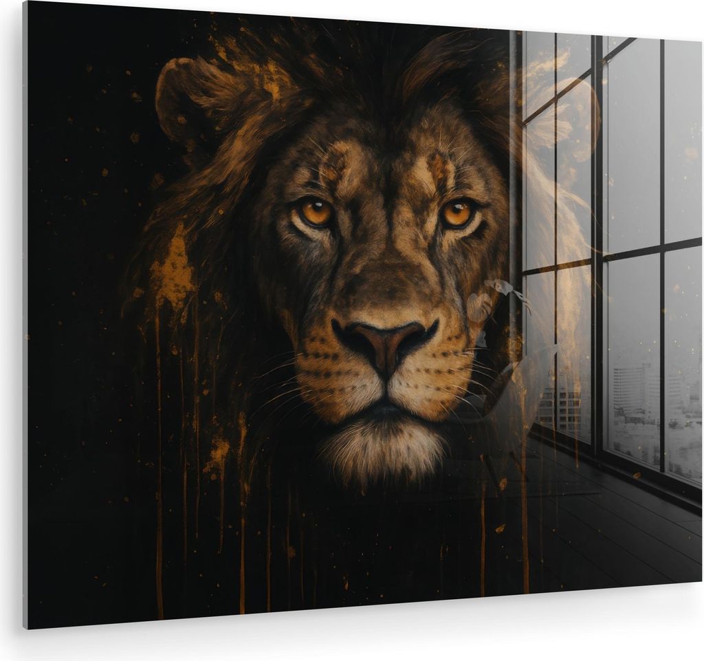 MuchoWow Glasbilder - Bilder auf Wandbild - Foto auf Glas Löwe - Gold - Drops 40x30 cm Wanddekoration aus Glas - Acrylglasbild - Acrylbilder - Bil...