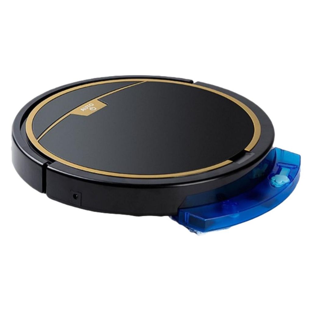 A black robot vacuum cleaner with gold accents and a blue water tank attachment, shown from a side angle on a white background.