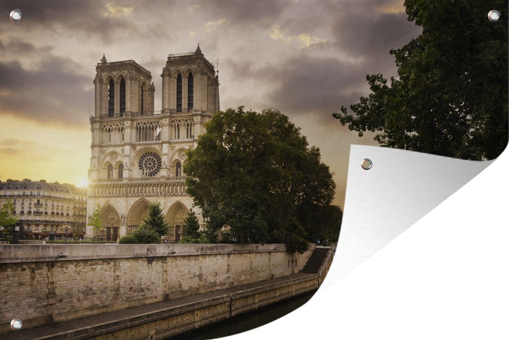 MuchoWow 60x40 cm Outdoor-Poster Gartendeko Sichtschutz Garten Poster für den Garten Sonnenaufgang bei Notre Dame in Paris