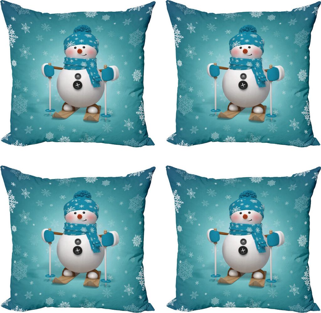 ABAKUHAUS Schneemann Kissenbezug Set (4 Stück), Skifahren Schneeflocken Fun, Moderner Doppelseitiger Digitaldruck, 60 cm x 60 cm, Pale Brown Türkis