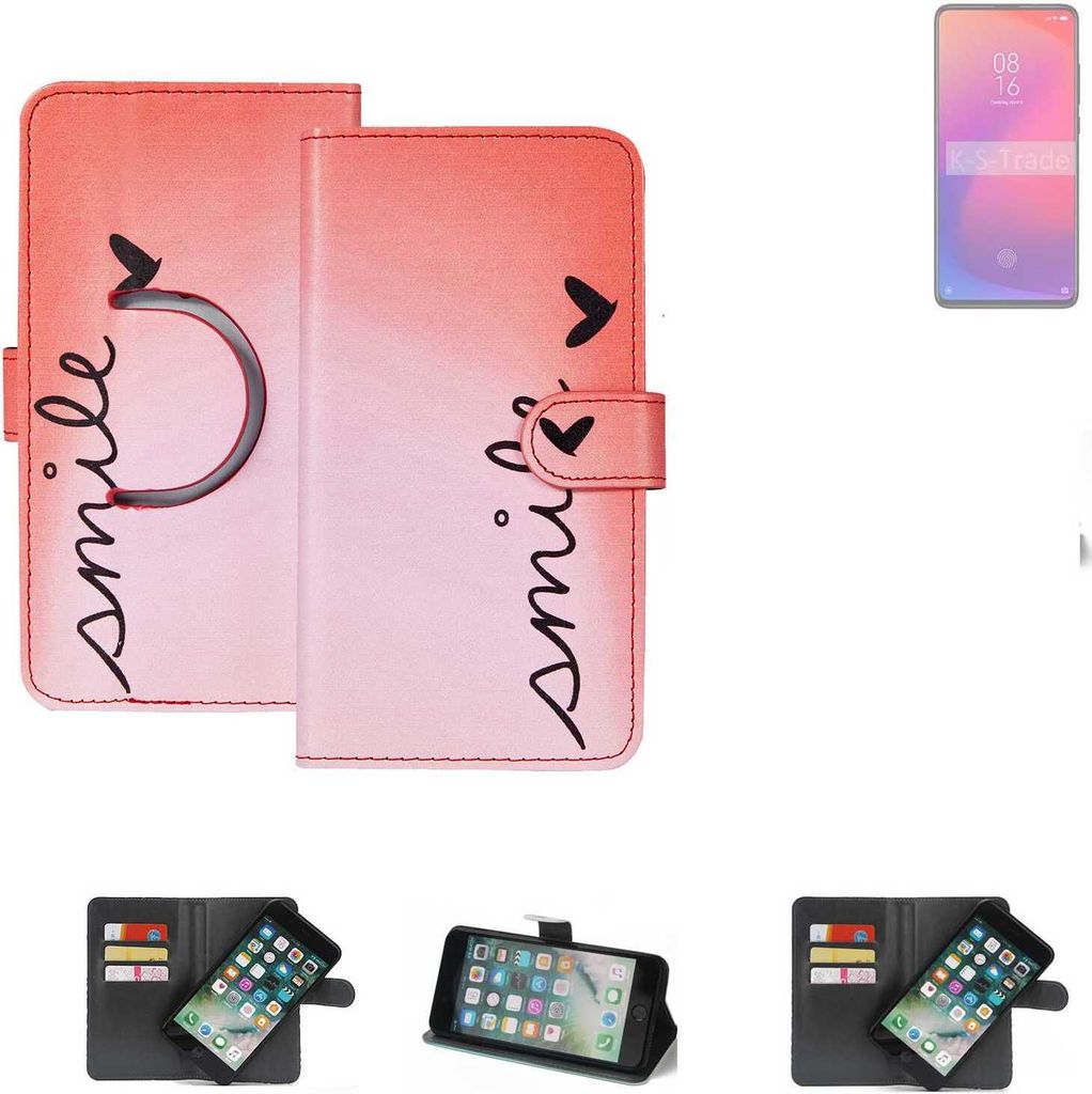 K-S-Trade Schutzhülle Handyhülle kompatibel mit Xiaomi Redmi K20 Hülle cover bookstyle Etui ''smile'' rot Standfunktion Kameraschutz (1Stk)