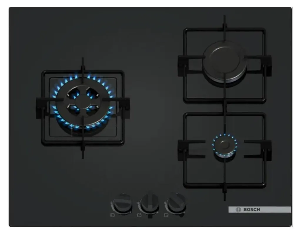 Table de cuisson gaz 60cm 3 feux 7300w Bosch PNC6B6K30 Série 4 Noir