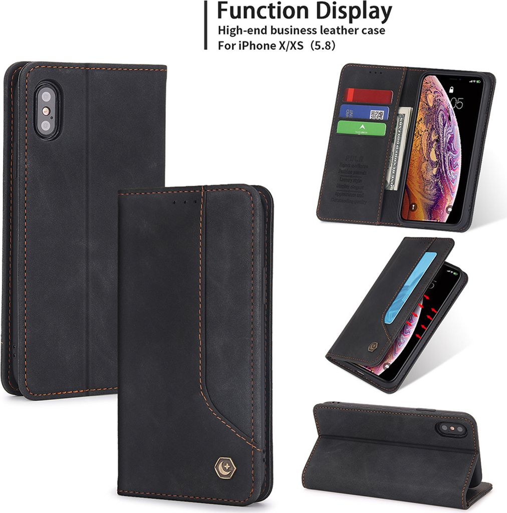 iPhone X / XS Hülle, LaimTop Retro Kunstledertasche Schutzhülle mit Kartenfach Standfunktion für iPhone X / iPhone XS Schwarz