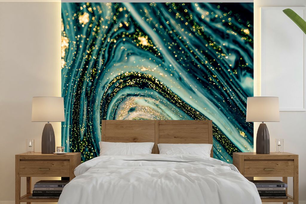 MuchoWow Fototapete für Wohnzimmer oder Schlafzimmer Wandtapete Vinyl Motivtapete Marmoroptik - Luxus - Gold - Türkis - Glitzer - 350x350 cm - ...