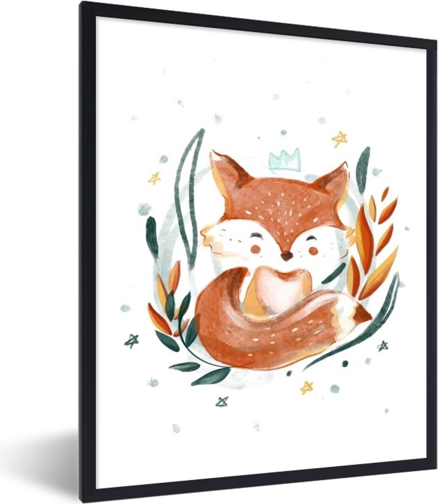 MuchoWow MuchoWow Gerahmtes Poster Illustration eines Babyfuchses 30x40 cm - Poster mit zchwarzem Bilderrahmen - Wanddeko - Kunstdrucke