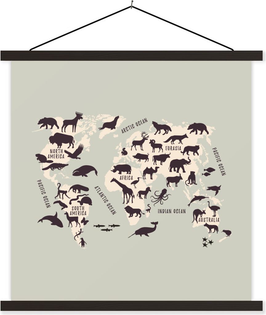 MuchoWow Textilposter Weltkarte Kinder - Tiere - Beige 90x90 cm mit schwarzem Rahmen - Magnetisches