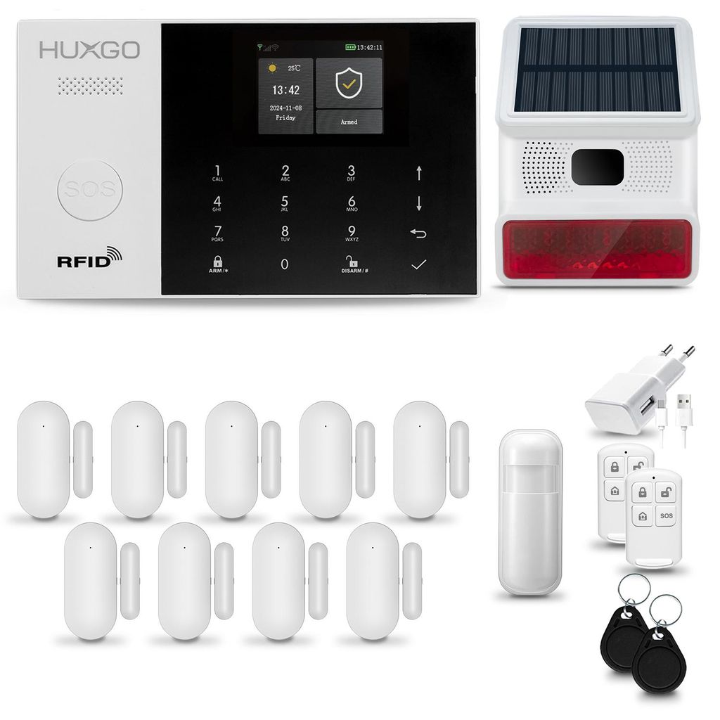 HUXGO HXA007 Alarmanlage Haus WiFi + GSM 2G mit Funk Sirene, Alarm System mit 1x Bewegungssensor und 9x Tür- Fenstersensor, Alarmanlage für Wohnu...