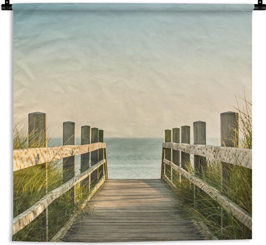 MuchoWow Wandteppich Wandbehang Meer - Weg - Zaun 150x150 cm Tapisserie Dekoration Wandtuch - Wohnaccessoires - Modernes