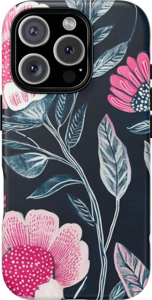 Leuchtend pinkes Blumenmuster auf Dunkelblau – Hülle Kompatibel mit iPhone 16 Pro