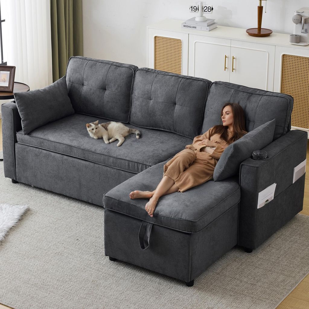 Merax Ecksofa, L-Form Sofa mit Schlaffunktion und Bettkasten, Couch mit Getränkehalter, 3-Sitzer Wohnzimmersofa, Couchgarnitur, Bettsofa, Grau