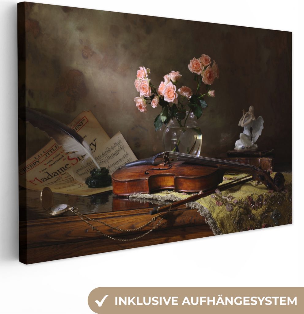 OneMillionCanvasses - Leinwandbilder - 150x100 cm, Violine - Rosen - Rosa - Blumen - Stilleben, Wandbilder Kunstdruck Wanddekoration