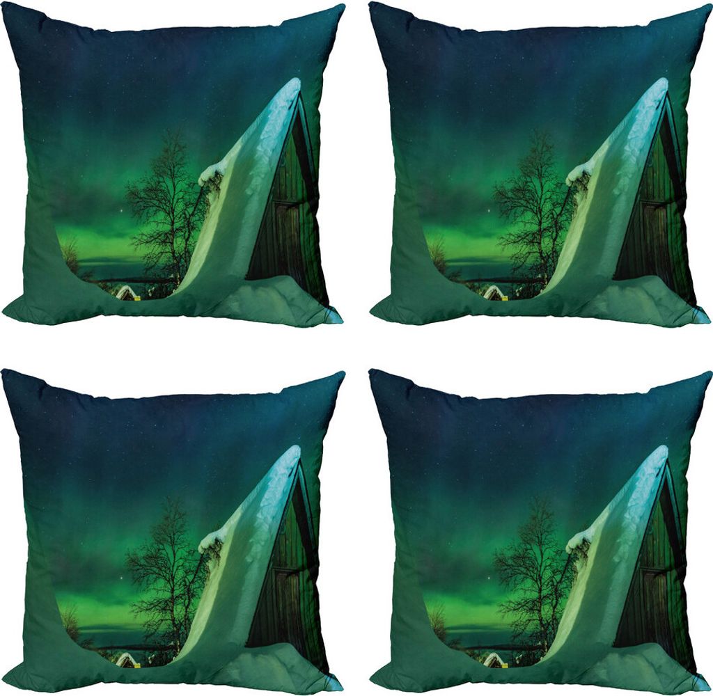 ABAKUHAUS Nordlicht Kissenbezug Set (4 Stück), Holzhaus Winter-, Moderner Doppelseitiger Digitaldruck, 60 cm x 60 cm, Dark Blue Jade-Grün