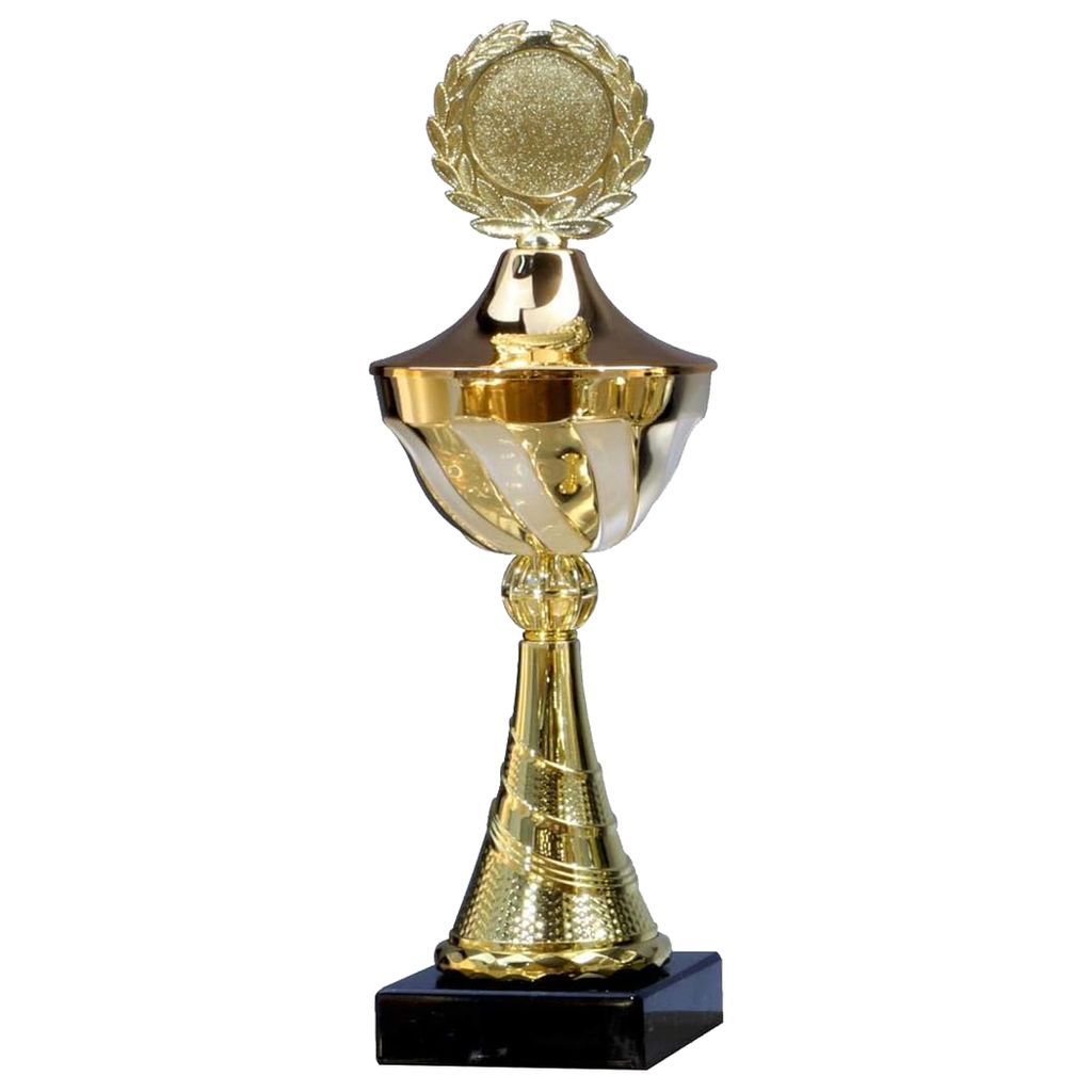 “HENECKA“ Pokal Serie Lexa, Gold-weiß, mit Wunschgravur, individuellem Sport-Emblem, wählbar in 8 Größen, oder als 8er-Serie