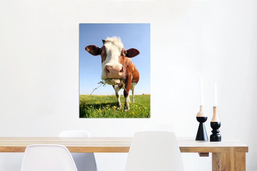 MuchoWow Wanddekoration Metall Metallbild Wandkunst 60x80 cm Kuh - Tiere - Blumen - Gras MuchoWow Aluminium Gemälde - Wanddekoration Metall