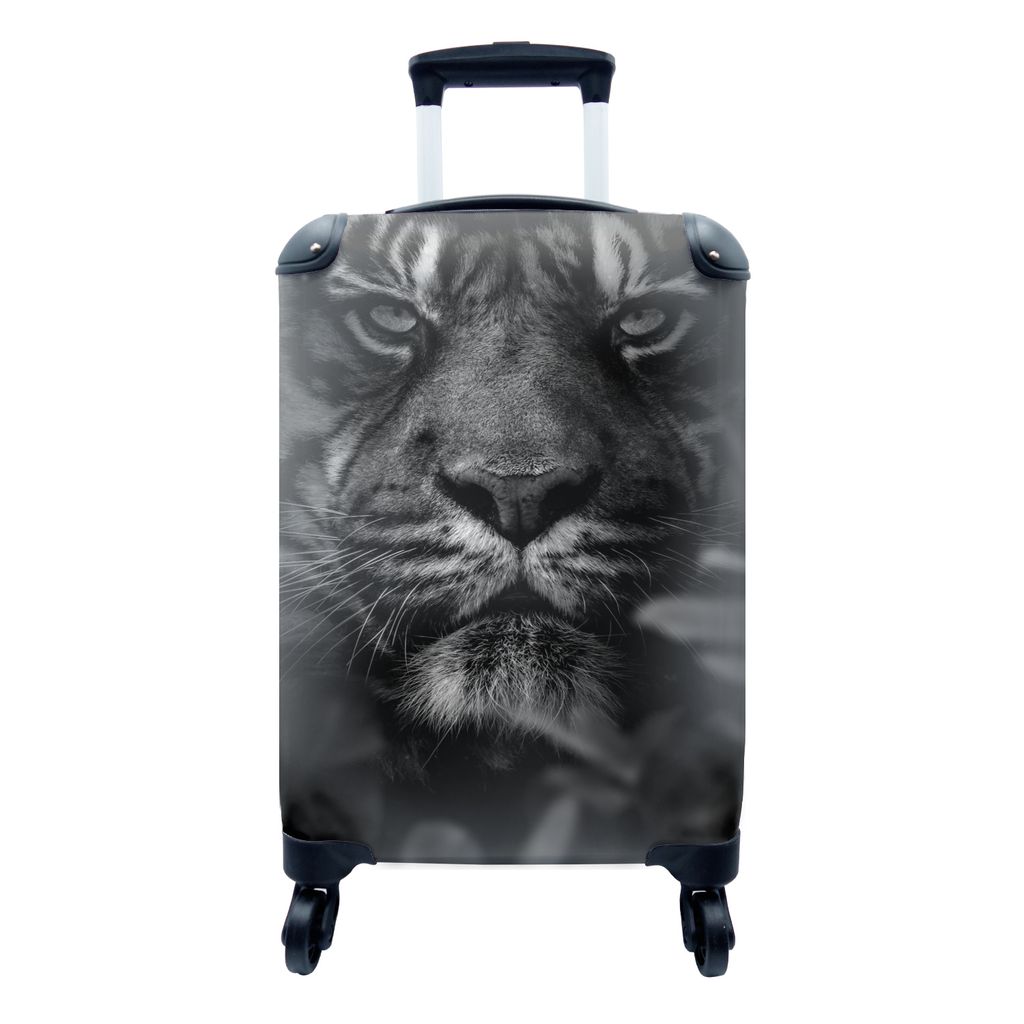 MuchoWow Koffer Handgepäck Trolley Rollkoffer Kleine Reisekoffer mit 4 Rollen - Nahaufnahme von Blättern und einem Tiger im Dschungel - schwarz...