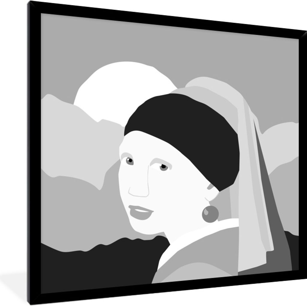 MuchoWow Gerahmtes Poster Girl With A Pearl Earring - Schwarz - Weiß - Sonne 40x40 cm - Poster mit Schwarzem Bilderrahmen Wandposter Rahmen Foto...