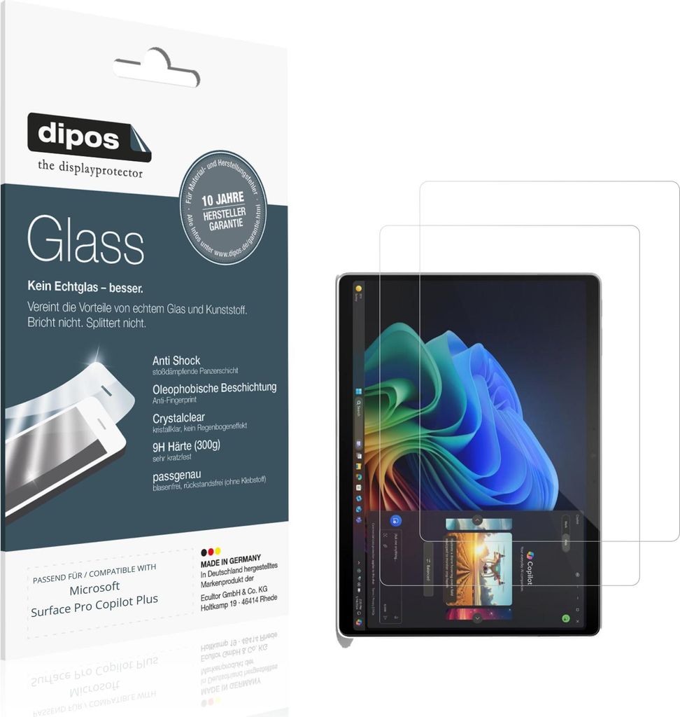 2x Schutzfolie für Microsoft Surface Pro Copilot Plus - Anti-Shock 9H Folie dipos Glass Kunststoffglas