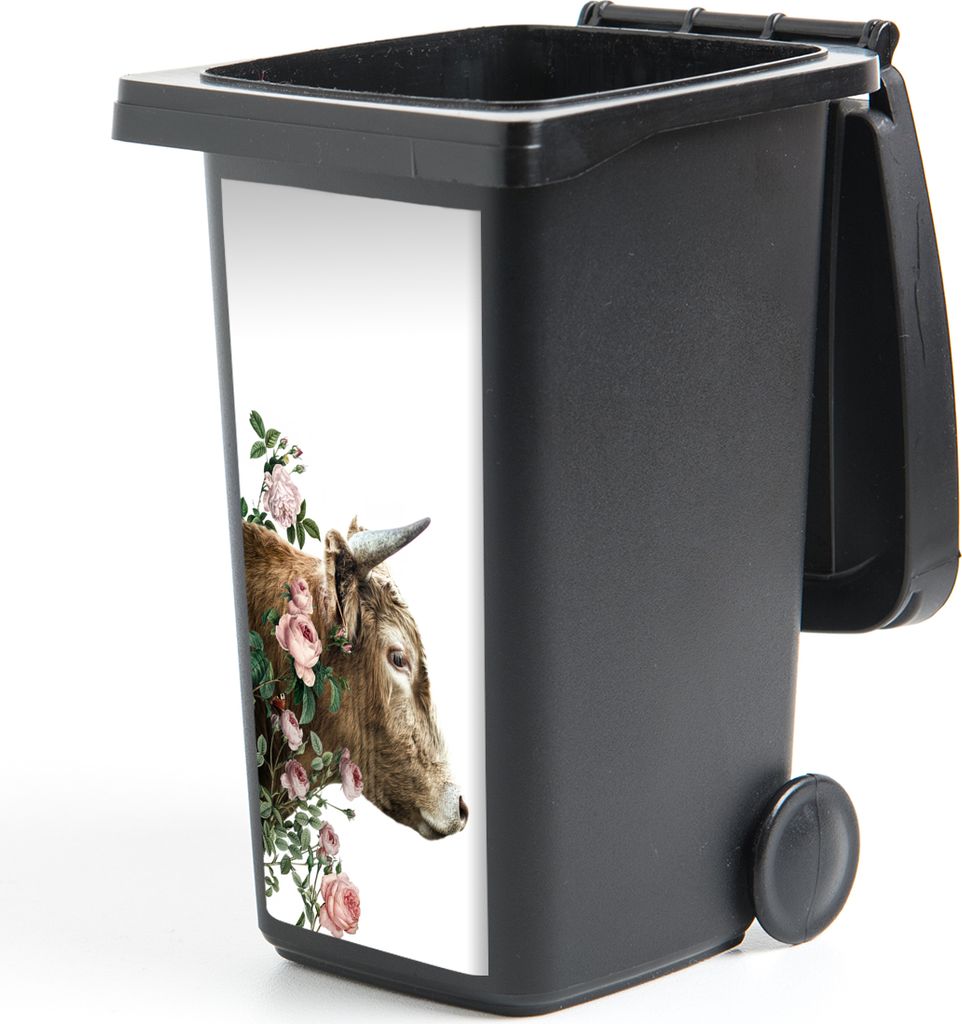 MuchoWow Mülltonnenaufkleber Schottischer Highlander - Kuh - Blumen 38x80 cm - Behälteraufkleber - Mülleimer-Aufkleber - Container-Aufkleber