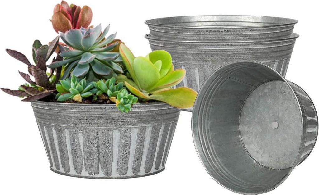 22,5 cm Metall Rustikale Pflanzenpotte - Set von 4 flachen verzinkten Blumentöpfen mit Abflussloch und Gummistopfen - Rostfreie Metall-Eimer Pflan...