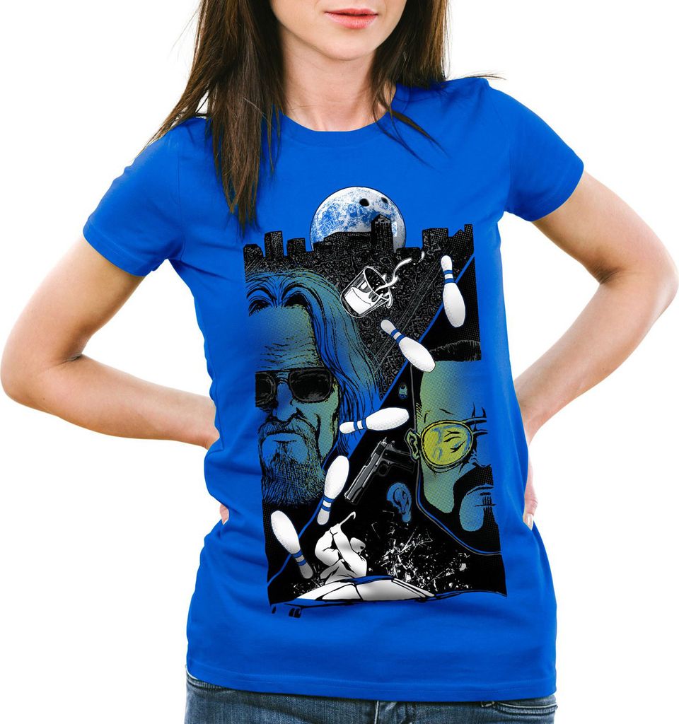style3 The Dude Damen T-Shirt lebowski bowling bowler big rude, Farbe:Blau, Größe:S