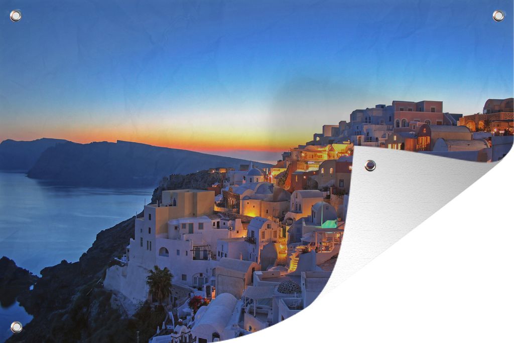 MuchoWow 120x80 cm Outdoor-Poster Gartendeko Sichtschutz Garten Poster für den Garten Oia Santorini mit farbenprächtigem Sonnenuntergang in Gr...