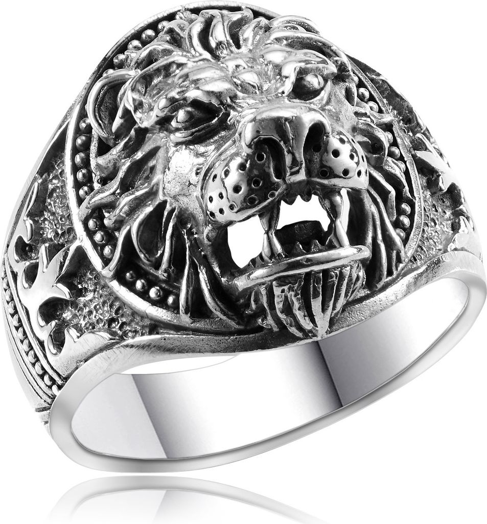 MATERIA Herrenring Löwen-Kopf 925 Sterling Silber - Siegelring Ringe Männer massiv 18 19 20 21 22mm geschwärzt in Box