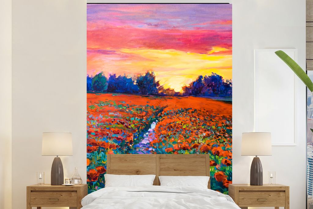 MuchoWow Fototapete für Wohnzimmer oder Schlafzimmer Wandtapete Vinyl Motivtapete Malerei - Natur - Blumen - Ölfarbe - 145x220 cm - Wanddekoration