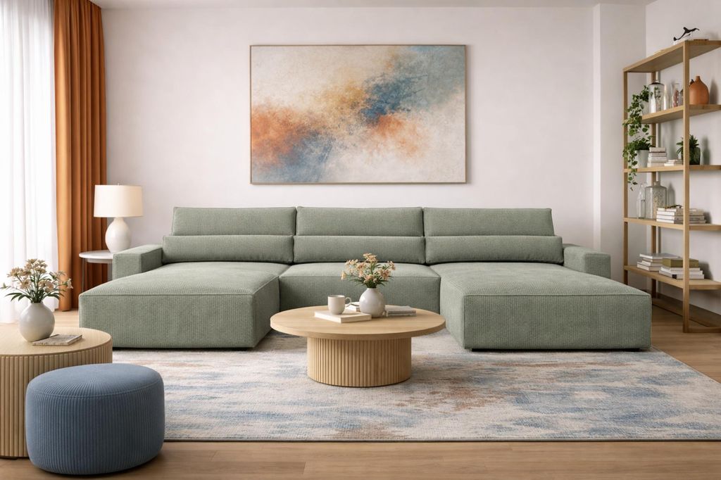 MOEBLO Wohnlandschaft DENVER U – Eckcouch aus Cordstoff Ecksofa U-Form Cord Sofa Couch Polsterecke U-Sofa mit Bettkasten und Schlaffunktion (BxHx...