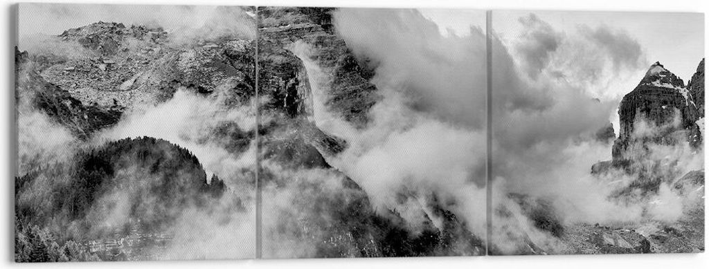 Bild auf Leinwand - Leinwandbild - Berge Nebel Gipfel - 150x50cm - Wand Bild - Wanddeko - Leinwanddruck - Bilder - Kunstdruck - Wanddekoration - Le...
